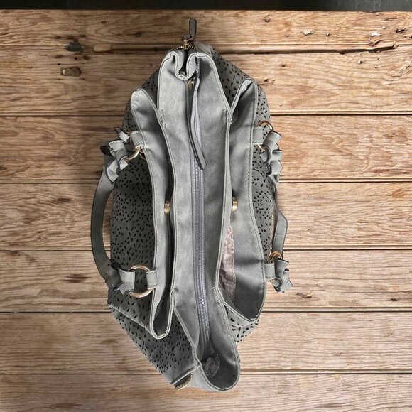 Violet Ray Faux Suede Laser Cut Gray Tote Bag Lined Boho Chic EUC mulberryfoundr - Picture 8 of 16